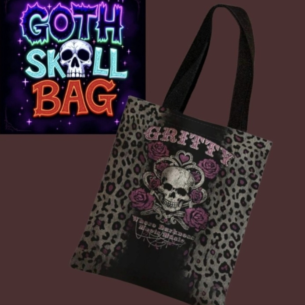 Goth Double Sided Print Tote Bag Leopard Print Tote Bag with Skull Design